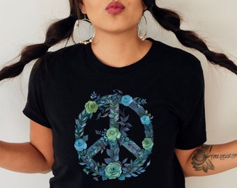 Women's Peace T-shirt,Boho Flower Shirt,Folk Art Flowers Shirt,Hippie Peace Tee, Peace Love Shirt,Retro Peace Shirt ,Rose Shirt,Gift For Mom