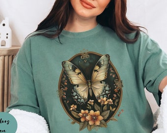 Womens Butterfly Floral Tshirt,Vintage Butterfly Tee,Nature Lover Shirt,Garden Lover Gift,Cottagecore Tshirt,Botanical Shirt,Comfort Colors