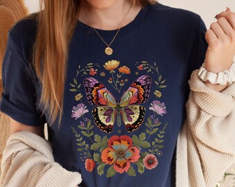 Womens Butterfly Garden Tshirt,Boho Butterfly Tee,Nature Lover Shirt,Garden Lover Gift,Mom Gift,Womens Floral Graphic Tee,Cottagecore Shirt