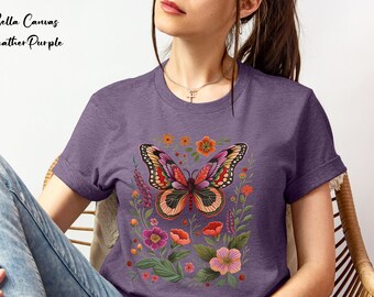 Womens Butterfly Garden Tshirt,Boho Butterfly Tee,Nature Lover Shirt,Garden Lover Gift,Mom Gift,Womens Floral Graphic Tee,Cottagecore Shirt