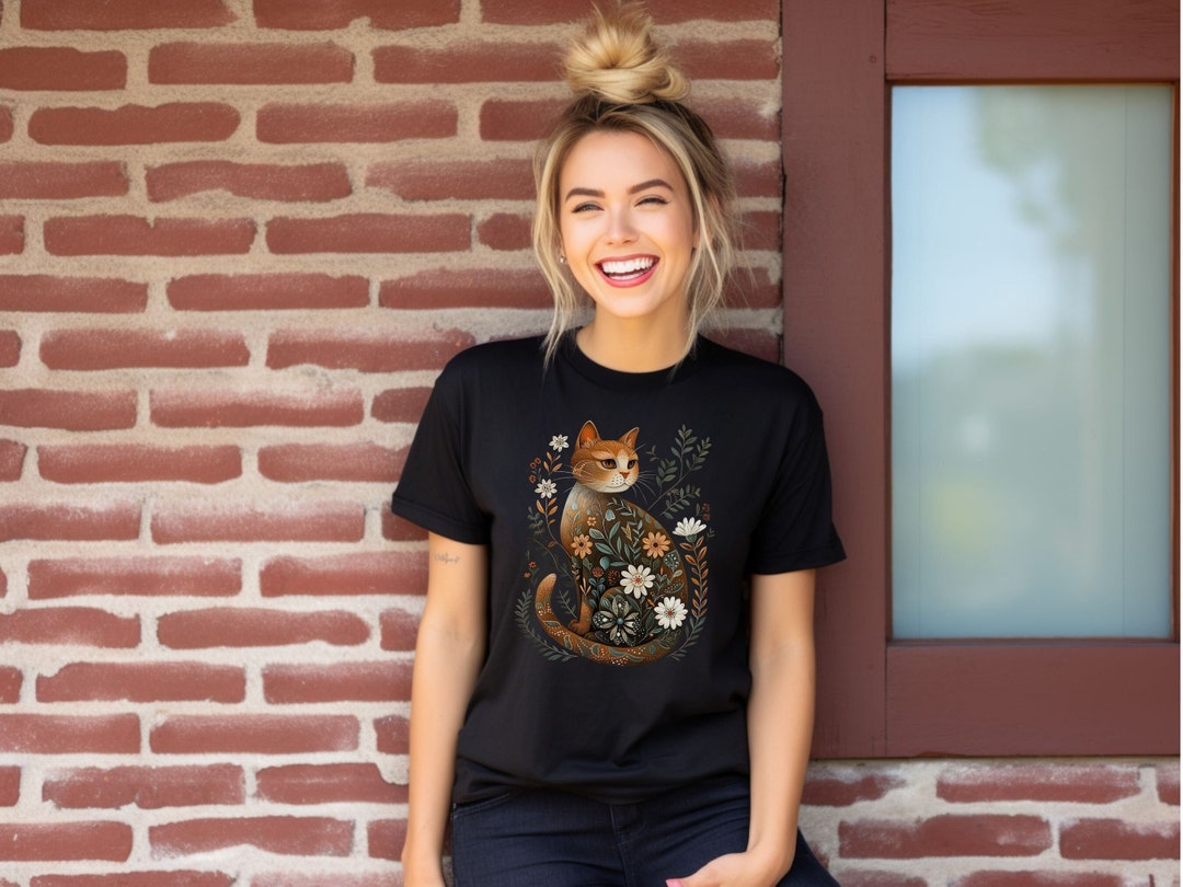 Womens Folk Art Cat Tshirt,cute Cat Shirt,cat Lover Shirt,cat Mom Tee ...