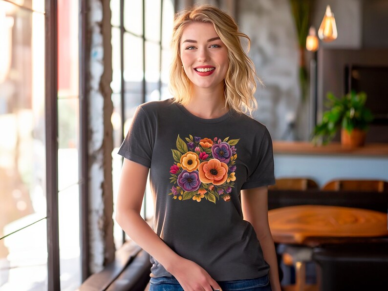 May include: A dark gray t-shirt with a floral print featuring orange, yellow, purple, and green flowers.