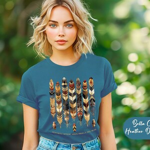 May include: A teal blue t-shirt with a graphic of colorful feathers and the text "FEATHERS APPEAR WHEN ANGELS ARE NEAR". Bella Canvas Heather Deep Teal.