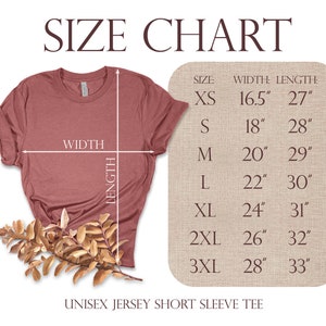 May include: Size chart for a unisex jersey short sleeve tee. The chart shows the width and length measurements in inches for sizes XS to 3XL.