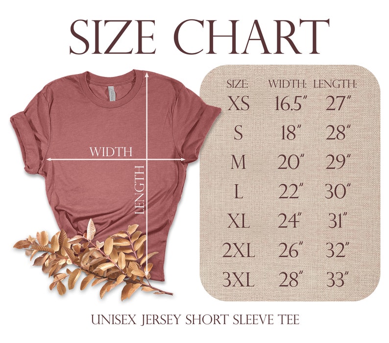 May include: Size chart for a unisex jersey short sleeve tee. The chart shows the width and length measurements in inches for sizes XS to 3XL.