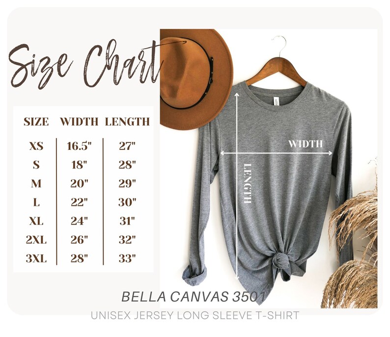 May include: A gray long-sleeve Bella Canvas 3501 unisex jersey t-shirt displayed on a wooden hanger. The image includes a size chart with measurements in inches for width and length, ranging from XS to 3XL.