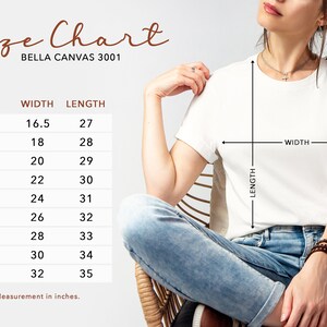 May include: Size chart for Bella Canvas 3001 t-shirts, showing width and length measurements in inches for sizes XS to 5XL.
