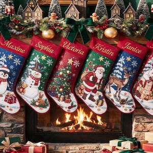 Pode incluir: Seis meias de Natal penduradas em fila, cada uma com uma cena festiva única e um nome bordado em letras douradas: Maxine, Sophia, Victoria, Kristin, Janice e Harriet. As meias exibem um pinguim, boneco de neve, árvore, Pai Natal, rena e um urso polar.