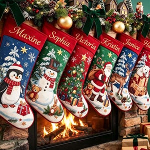 Puede incluir: Seis calcetines navideños personalizados colgados en fila, cada uno con nombres bordados: Maxine, Sophia, Victoria, Kristin, Janice y Harriet. Los calcetines muestran escenas festivas que incluyen un pingüino, un muñeco de nieve, un árbol, Santa Claus, un ciervo y un oso polar.