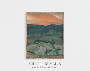 Könnte beinhalten: Ein Gemälde einer Landschaft mit sanften Hügeln und einem Sonnenuntergangshimmel. Die Hügel sind grün und der Himmel ist orange und rosa. Das Gemälde ist in einem goldenen Rahmen gerahmt.