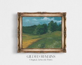 Könnte beinhalten: Ein gerahmtes Gemälde einer Landschaft mit einem Weg, der durch ein Feld mit gelben Wildblumen und einen Wald im Hintergrund führt. Der Rahmen ist golden und verziert. Der Text "Gilded Remains Original Artwork Prints" befindet sich unter dem Rahmen.