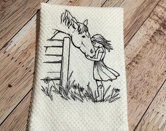Farm Horse And Girl Friendship Embroidered Towel - Horse Kitchen Towel - Farm Animal Decor - Farmhouse Kitchen - Machine Embroidered