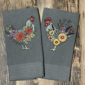 Embroidered Kitchen Towel Set - Rooster And Hen Embroidered Towel - Farmhouse Kitchen Decor
