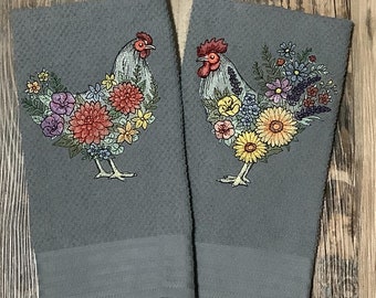 Embroidered Kitchen Towel Set - Rooster And Hen Embroidered Towel - Farmhouse Kitchen Decor