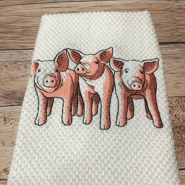 Embroidered Kitchen Towel - Pig Trio - Farmhouse Kitchen Decor - Pig Dishtowel