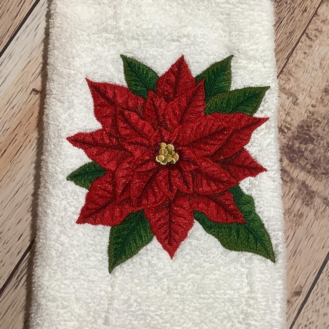 Embroidered Christmas Hand Towel Poinsettia Christmas Hand Etsy