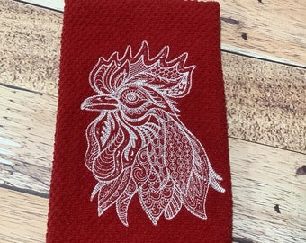 Embroidered Kitchen Towel - Rooster Towel - Farmhouse Kitchen Decor - Rooster Dishtowel