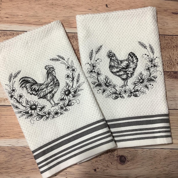 Embroidered Kitchen Towel Set - 2 Pc. Rooster And Hen Towel - Farmhouse Kitchen Decor - Chicken Dish Towel