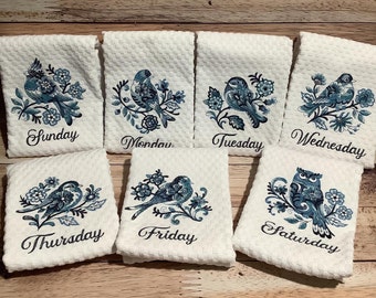 Delft Blue Birds Days of the Week Machine Embroidered Flour Sack Dish Towels