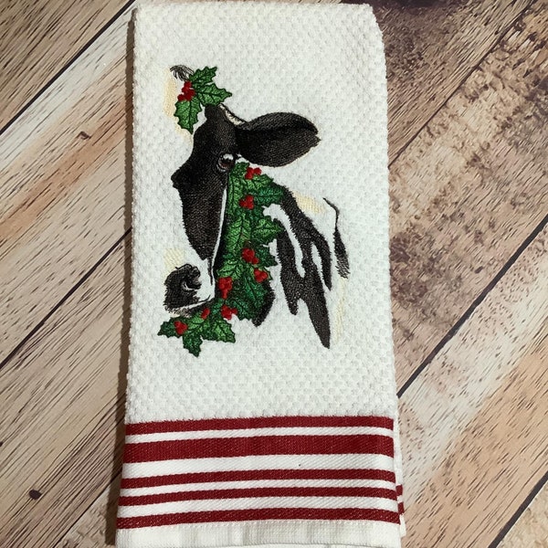 Elusive Christmas Cow Embroidered Towel - Machine Embroidered - Farmhouse Christmas Towel
