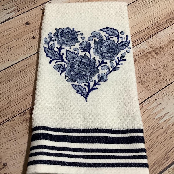 Delft Blue Rose Heart Embroidered Towel - Kitchen Towel - Bathroom Decor - Decorative Towel - Machine Embroidered