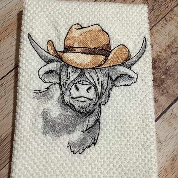 Country Western Highland Cow Embroidered Towel - Machine Embroidered - Farmhouse Kitchen Decor - Highland Cow Towel