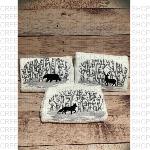 Wintry Birch Woodland Animals - Embroiderd Hand Towels - Deer, Fox Or Bear Towel