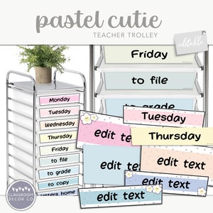 PASTEL CUTIE Lehrer-Trolley-Etiketten, Rollwagen-Etikettenpaket mit 10 Schubladen, pastellfarbenes Klassenzimmer-Dekor zum Ausdrucken, Dotty-Klassen-Dekor