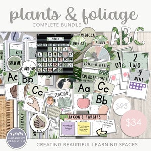 Bundle complet de présentoirs pour la classe PLANTES & FEUILLAGE, présentoir personnalisable, décoration à imprimer pour la classe, plantes bohèmes modernes, verdure moderne