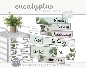 EUCALYPTUS Teacher Trolley Labels, 10 Drawer Rolling Cart Label Bundle, Modern Plants Classroom Display Decor, Boho Plants Decor