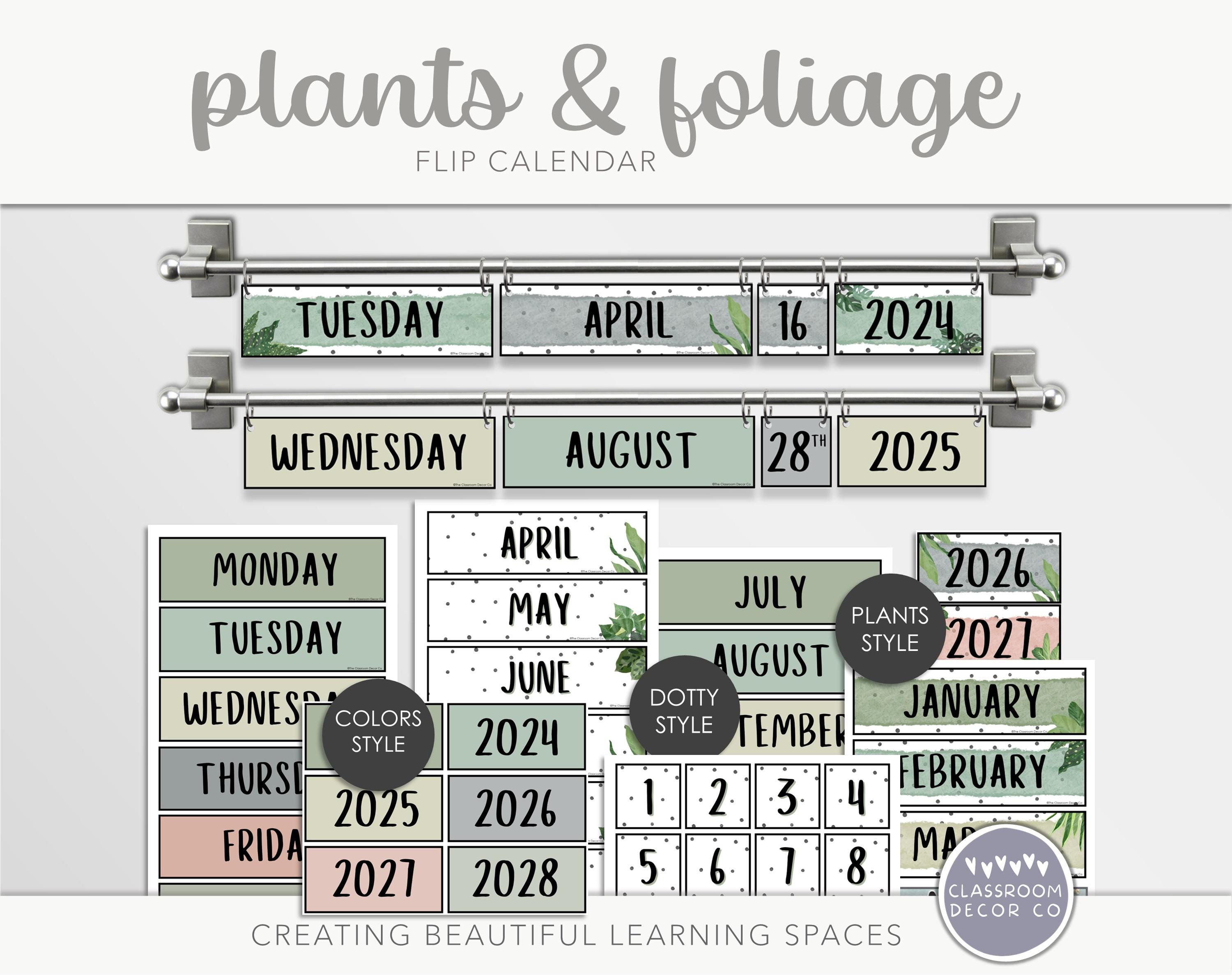 PLANTS & FOLIAGE Flip Calendar, Natural Greenery Boho Display, Neutral Decor Date Organizer, Class Schedule, Montessori Classroom Style