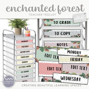 ENCHANTED FOREST etiketten leraar trolley, rolwagentje met 10 lades, rustiek bos natuur klaslokaal display decor, organisatie van hulpbronnen