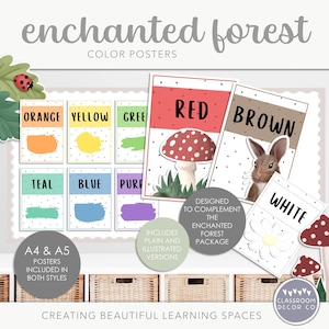 May include: A collection of "Enchanted Forest" color posters. The posters feature colors like orange, yellow, and red, with illustrations of a mushroom and a rabbit. The text includes "A4 & A5 posters included in both styles" and "Creating beautiful learning spaces."
