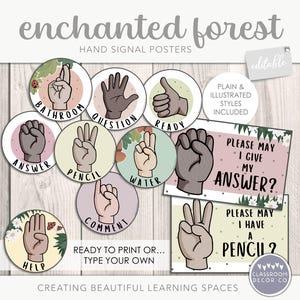 Könnte beinhalten: Druckbare Klassenzimmerposter mit Handzeichen für Schüler. Die Poster zeigen Illustrationen von Händen, die verschiedene Zeichen machen, wie z. B. "Antwort", "Bleistift", "Wasser", "Hilfe", "Kommentar", "Toilette", "Frage" und "Bereit". Die Poster enthalten auch den Text "Darf ich meine Antwort geben?" und "Darf ich einen Bleistift haben?"