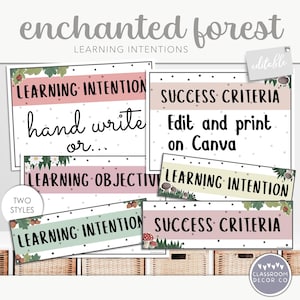 May include: A set of printable classroom posters with an enchanted forest theme. The posters feature a light pink, light green, and light yellow background with white polka dots. The text on the posters reads "Learning Intention", "Success Criteria", and "Learning Objective".