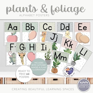 PLANTAS Y FOLLAJE Carteles del alfabeto, Exhibición de letras en el aula, Carteles de formación de letras, Decoración moderna del aula de plantas