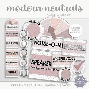 Könnte beinhalten: Ein Satz druckbarer Klassenzimmerposter mit einem modernen, neutralen Farbschema. Die Poster zeigen ein Noise-O-Meter mit einem rosa-weißen Tupfenmuster und eine Reihe von Lautstärkeindikatoren mit Text wie "Speaker Voice", "Group Voice", "Partner Voice", "Whisper Voice" und "Silence". Der Text "Modern Neutrals" und "Noise-O-Meter" befindet sich oben auf den Postern. Der Text "Creating Beautiful Learning Spaces" befindet sich unten auf den Postern.