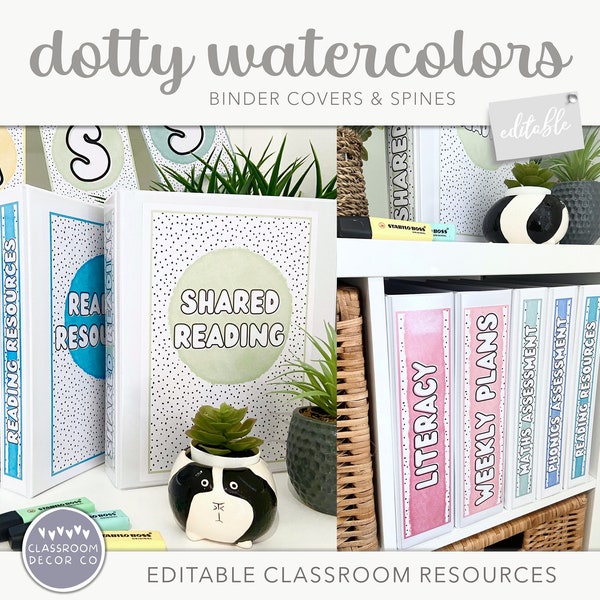 DOTTY WATERCOLOR Binder Covers and Spines, Bright Rainbow Classroom Decor, Primary Classroom Decor, Elementary Classroom Decor