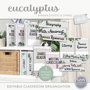 Capas e espinhos para fichário de eucalipto, etiquetas de organização de sala de aula, decoração moderna de exibição de sala de aula de plantas boho