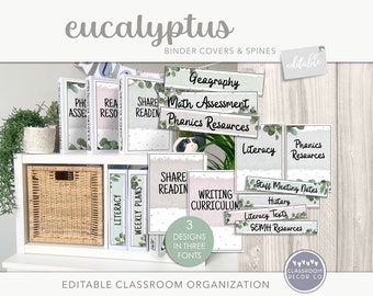 May include: Editable classroom organization binder covers and spines with a eucalyptus theme. The covers feature a variety of subjects, including literacy, phonics, math assessment, and writing curriculum. The spines are decorated with a eucalyptus leaf pattern.