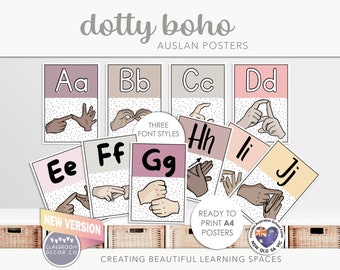 DOTTY BOHO Auslan Sign Language Posters, AUSLAN Display, Inclusive Classroom Display, Neutral Modern Dotty Class Decor
