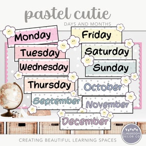 May include: Pastel pink, yellow, blue, and gray printable classroom decor with white polka dots. The printable cards feature the days of the week and months of the year. The text "pastel cutie" and "days and months" is included on the cards.