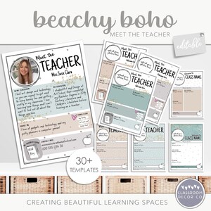 May include: A set of printable teacher meet the teacher templates with a beachy boho theme. The templates feature a variety of colors and patterns, including blue, green, pink, and white. The text on the templates includes "Meet the Teacher", "Welcome to Class", and "Class Name".