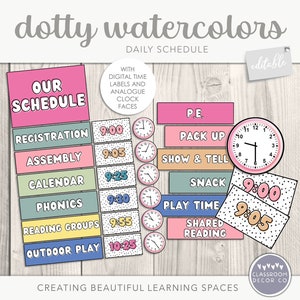 DOTTY WATERCOLOR Tagesplan, visueller Stundenplan, Klassenzimmer-Ausdrucke, leuchtende Regenbogen-Klassenzimmerdekoration