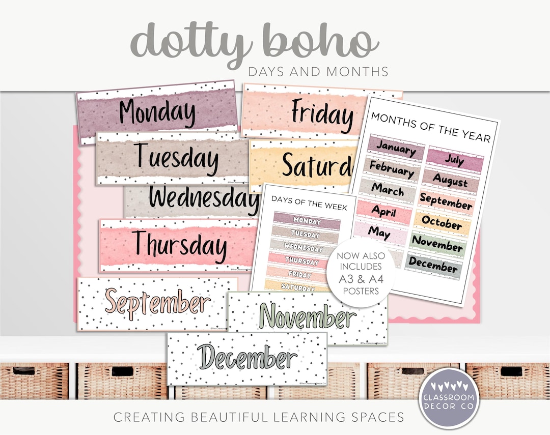 DOTTY BOHO Days and Months Display, Classroom Printables, Classroom ...