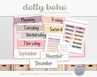 DOTTY BOHO Days and Months Display, Classroom Printables, Classroom Display Posters, Neutral Classroom Decor, Boho Classroom Decor