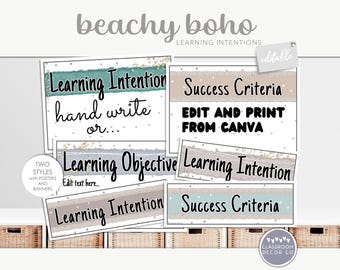 BEACHY BOHO Learning Intentions, Learning Objective Poster, Success Criteria Display, Coastal Modern Classroom Display Decor