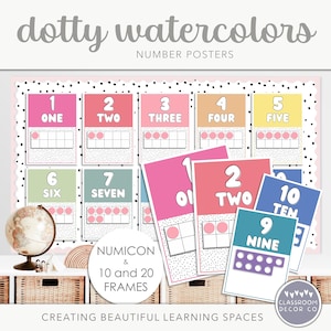 DOTTY WATERCOLOR Number Posters, 1-20 Number Posters, Number Frames, Numicons, Classroom Display Posters, Bright Rainbow Classroom Decor