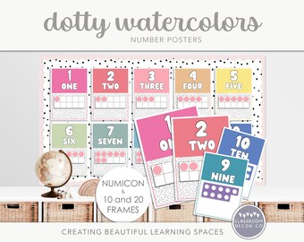 DOTTY WATERCOLOR Number Posters, 1-20 Number Posters, Number Frames, Numicons, Classroom Display Posters, Bright Rainbow Classroom Decor