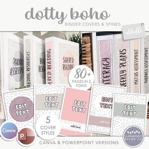 DOTTY BOHO バインダーカバーと背表紙、ボヘミアン教室用フォルダーラベルと挿入物、ニュートラルな教室用装飾ディスプレイ、ナチュラルなボヘミアン教室
